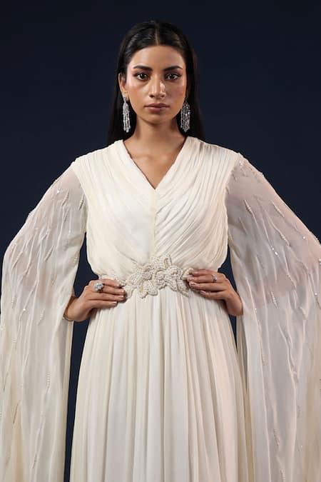 Buy_K-Anshika_Off White Georgette Beads, Pearls V-neck Embroidered Cape Gown _Online_at_Aza_Fashions