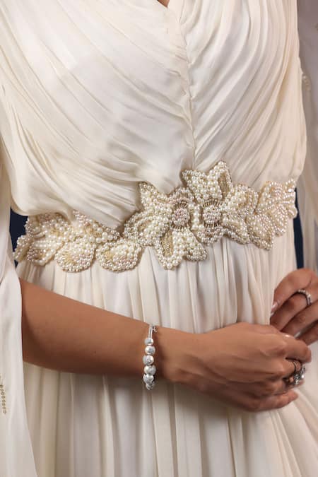 Shop_K-Anshika_Off White Georgette Beads, Pearls V-neck Embroidered Cape Gown _Online_at_Aza_Fashions