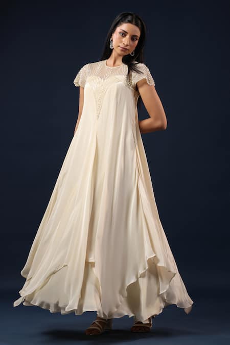 K-Anshika_Off White Crepe Pearls, Beads Round Neck Embellished Gown _Online_at_Aza_Fashions