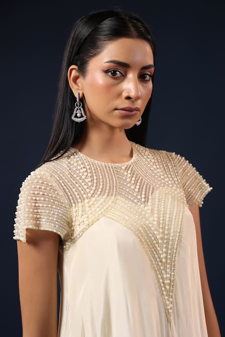 Buy_K-Anshika_Off White Crepe Pearls, Beads Round Neck Embellished Gown _Online_at_Aza_Fashions