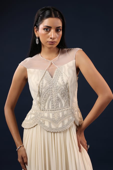 Shop_K-Anshika_Off White Georgette Embroidery, Pearls, Metallic Thread Embellished Peplum Gown _Online_at_Aza_Fashions