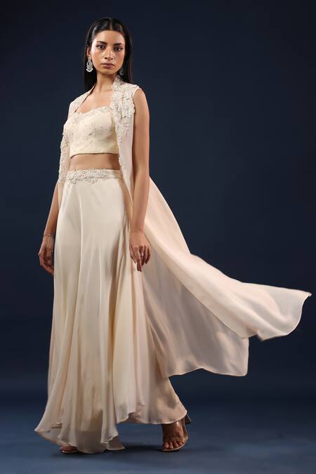 Buy_K-Anshika_Off White Organza Pearls, Embroidery High Neck, Sweetheart Jacket Palazzo Set _Online_at_Aza_Fashions