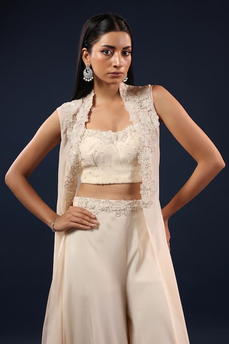 Shop_K-Anshika_Off White Organza Pearls, Embroidery High Neck, Sweetheart Jacket Palazzo Set _Online_at_Aza_Fashions