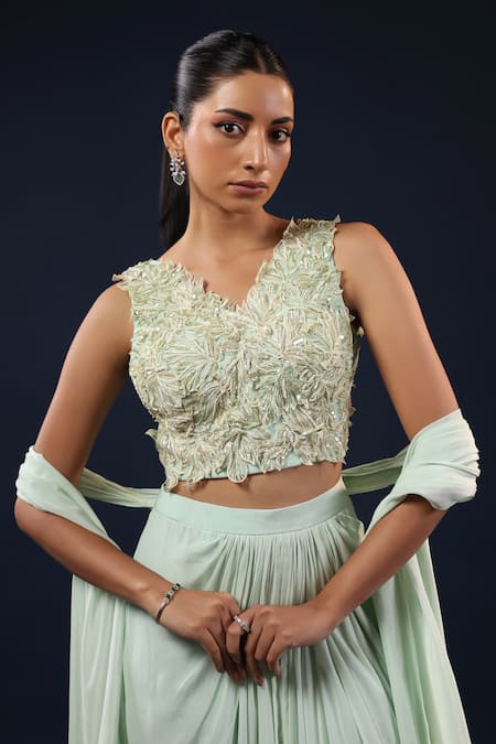 K-Anshika_Green Crepe Sequins, Beads, Metallic Thread Embellished Crop Top Skirt Set _Online_at_Aza_Fashions