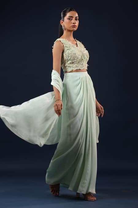 Buy_K-Anshika_Green Crepe Sequins, Beads, Metallic Thread Embellished Crop Top Skirt Set _Online_at_Aza_Fashions