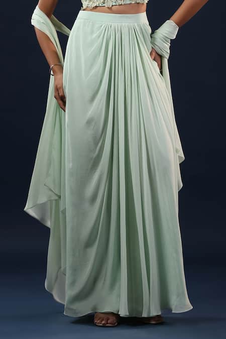 Shop_K-Anshika_Green Crepe Sequins, Beads, Metallic Thread Embellished Crop Top Skirt Set _Online_at_Aza_Fashions