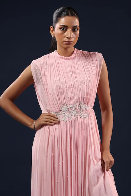 K-Anshika_Pink Crepe Sequins, Beads, Embroidery, Pearls High Neck Embellished Gown _Online_at_Aza_Fashions