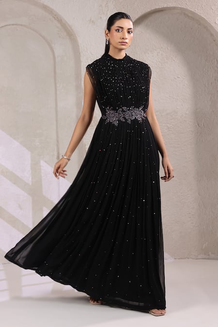 K-Anshika_Black Georgette Sequins, Beads, Embroidery High Neck Embellished Gown _Online_at_Aza_Fashions