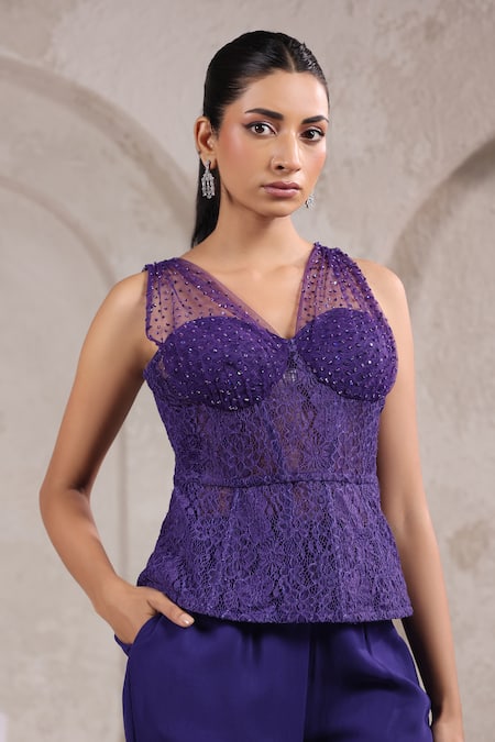 Buy_K-Anshika_Purple Georgette Sequins, Beads V-neck, Sweetheart Embellished Corset With Pant _Online_at_Aza_Fashions