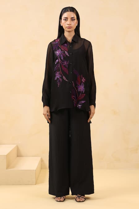 K-Anshika_Black Georgette Sequins, Beads, Embroidery Collared Shirt With Pant _Online_at_Aza_Fashions