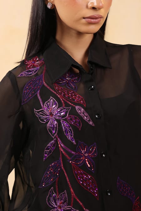 Buy_K-Anshika_Black Georgette Sequins, Beads, Embroidery Collared Shirt With Pant _Online_at_Aza_Fashions