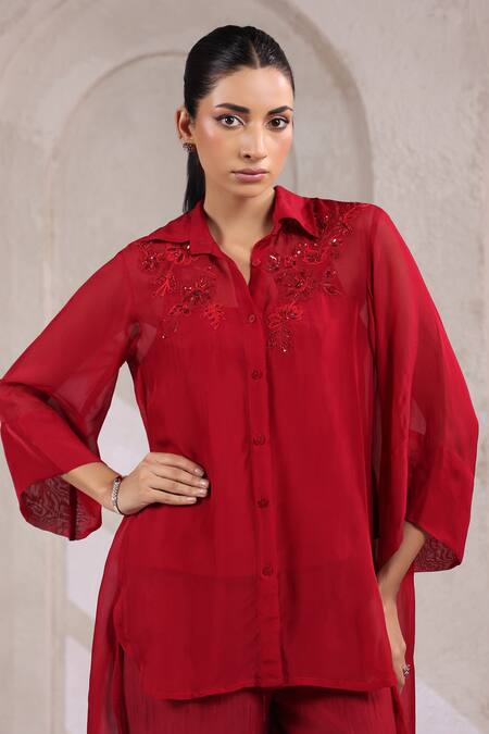 K-Anshika Red Organza Sequins, Beads, Embroidery V-neck, Collared Shirt With Pant Online at Aza Fashions K-Anshika_Red Organza Sequins, Beads, Embroidery V-neck, Collared Shirt With Pant _Online_at_Aza_Fashions