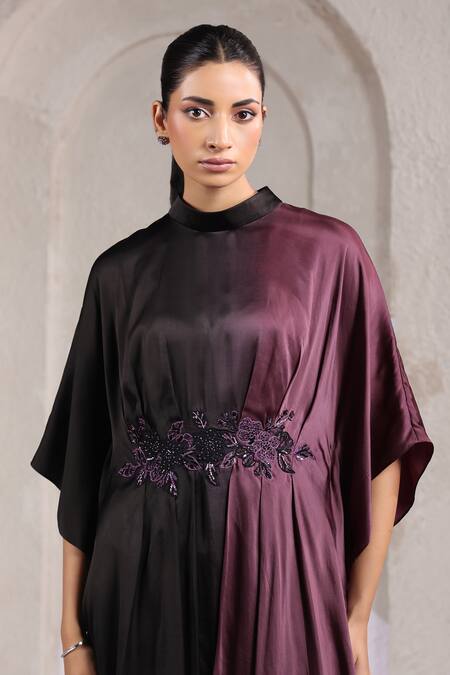 Buy_K-Anshika_Black Satin Embroidery, Sequins, Beads High Neck Tunic And Pant Set _Online_at_Aza_Fashions
