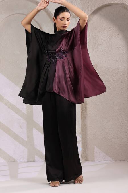 Shop_K-Anshika_Black Satin Embroidery, Sequins, Beads High Neck Tunic And Pant Set _Online_at_Aza_Fashions