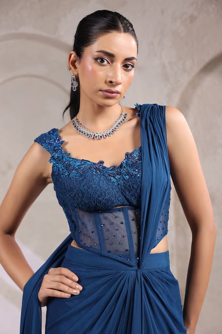 K-Anshika_Blue Satin Sequins, Beads Sweetheart Pre-draped Saree With Embroidered Corset _Online_at_Aza_Fashions