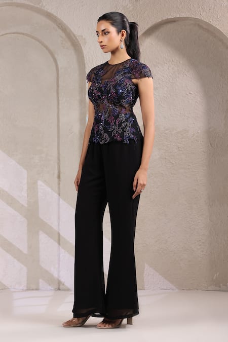 Buy_K-Anshika_Black Georgette Embroidery, Sequins, Beads Round Neck Top With Pant _Online_at_Aza_Fashions