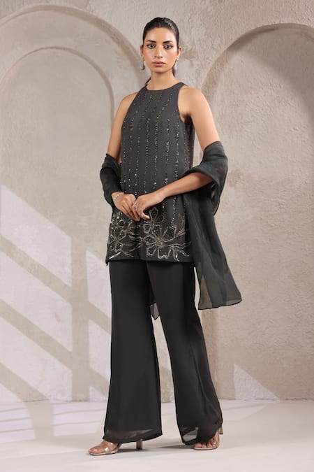 Buy_K-Anshika_Gray Georgette Sequins, Beads Round Neck Embroidered Kurta Palazzo Set _Online_at_Aza_Fashions