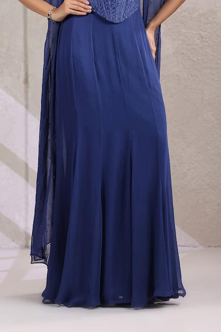 K-Anshika_Blue Georgette Sequins, Beads Sweetheart Embroidered Cape Fishcut Skirt Set _Online_at_Aza_Fashions
