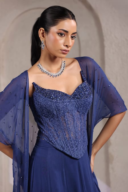 Buy_K-Anshika_Blue Georgette Sequins, Beads Sweetheart Embroidered Cape Fishcut Skirt Set _Online_at_Aza_Fashions