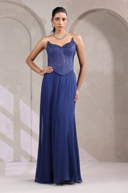 Shop_K-Anshika_Blue Georgette Sequins, Beads Sweetheart Embroidered Cape Fishcut Skirt Set _Online_at_Aza_Fashions