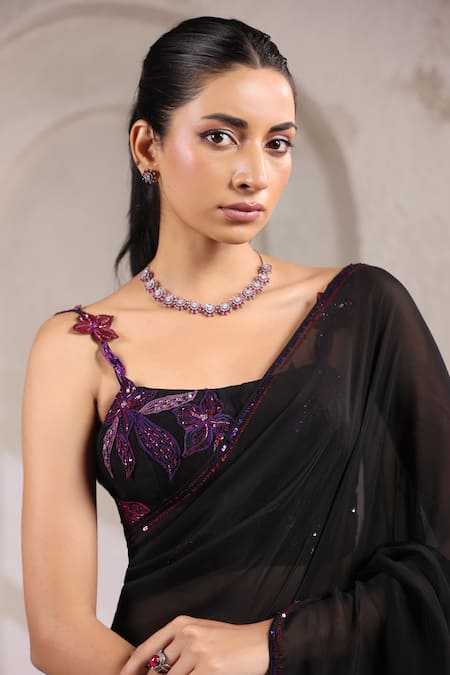 K-Anshika_Black Georgette Sequins, Beads, Embroidery Sweetheart Border Saree With Blouse _Online_at_Aza_Fashions