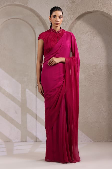 K-Anshika_Magenta Organza Sequins, Beads Collared, V-neck Ombre Saree With Pleated Blouse _Online_at_Aza_Fashions