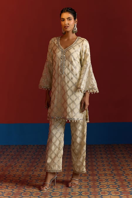 Shop_Mustard Moon By Neyha And Vrinda_Ivory Georgette Gota Patti, Pearls, Embroidered Bell Sleeve Kurta And Pant Set _Online_at_Aza_Fashions
