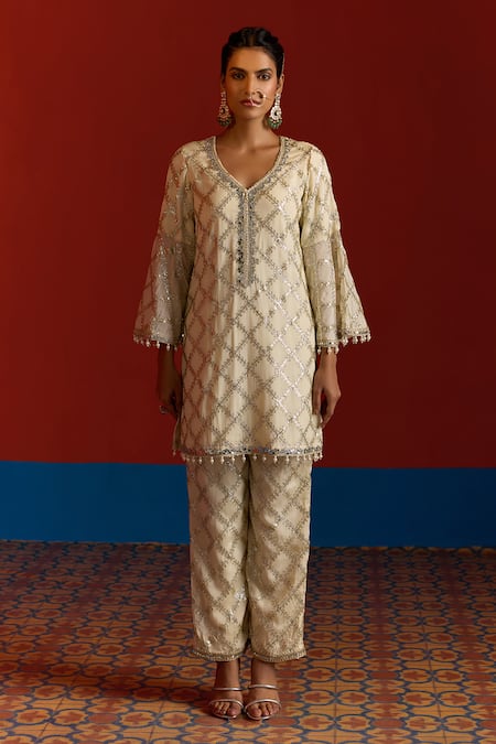 Mustard Moon By Neyha And Vrinda_Ivory Georgette Gota Patti, Pearls, Embroidered Bell Sleeve Kurta And Pant Set _at_Aza_Fashions
