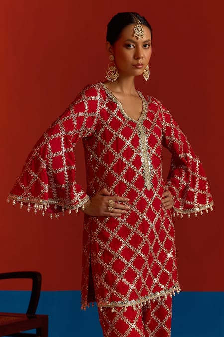 Shop_Mustard Moon By Neyha And Vrinda_Red Georgette Gota Patti, Pearls, Mirrors V-neck Embroidered Kurta And Pant Set 