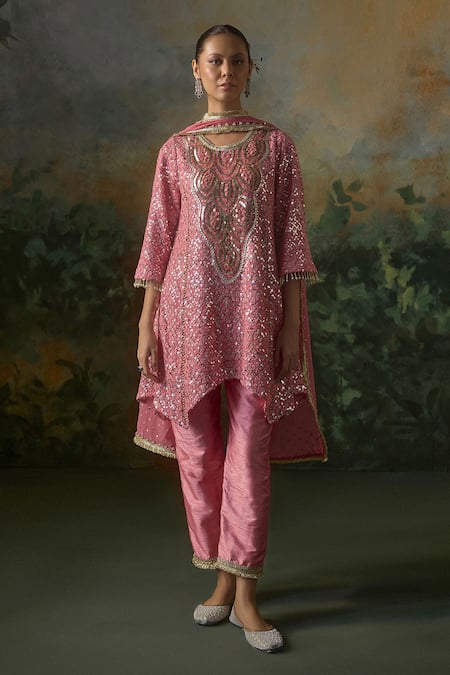 Mustard Moon By Neyha And Vrinda_Pink Georgette, Silk Sequins, Beads, Pearls Embroidered Asymmetric Kurta Set _Online_at_Aza_Fashions