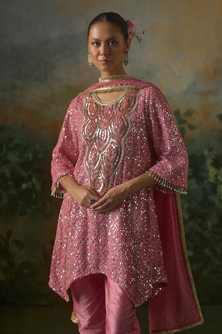 Shop_Mustard Moon By Neyha And Vrinda_Pink Georgette, Silk Sequins, Beads, Pearls Embroidered Asymmetric Kurta Set _Online_at_Aza_Fashions