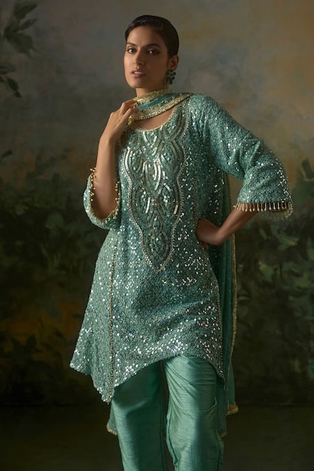 Buy_Mustard Moon By Neyha And Vrinda_Green Georgette, Silk Sequins, Beads, Asymmetric Hem And Threadwork Kurta Set _Online_at_Aza_Fashions