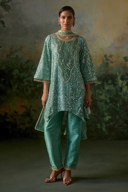 Shop_Mustard Moon By Neyha And Vrinda_Green Georgette, Silk Sequins, Beads, Asymmetric Hem And Threadwork Kurta Set _Online_at_Aza_Fashions