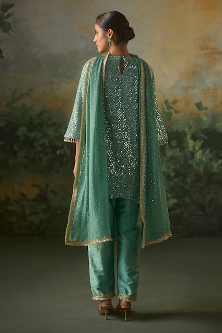 Mustard Moon By Neyha And Vrinda Asymmetric Hem Sequin & Threadwork Kurta Set 