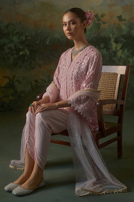 Mustard Moon By Neyha And Vrinda_Pink Georgette, Modal, Satin, Net Lace, Crochet And Embroidered Kurta Set _Online_at_Aza_Fashions
