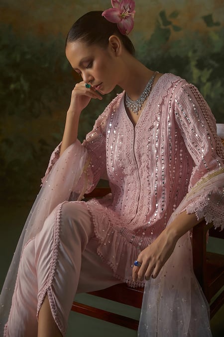 Shop_Mustard Moon By Neyha And Vrinda_Pink Georgette, Modal, Satin, Net Lace, Crochet And Embroidered Kurta Set _Online_at_Aza_Fashions