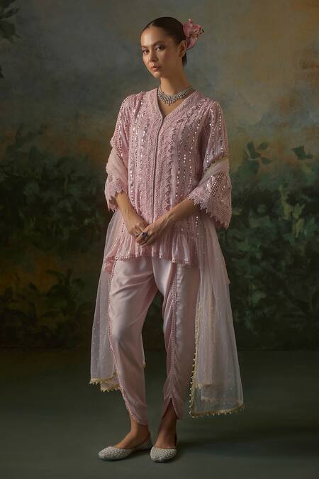 Mustard Moon By Neyha And Vrinda_Pink Georgette, Modal, Satin, Net Lace, Crochet And Embroidered Kurta Set _at_Aza_Fashions