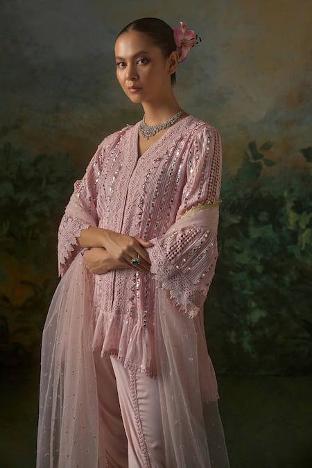 Buy_Mustard Moon By Neyha And Vrinda_Pink Georgette, Modal, Satin, Net Lace, Crochet And Embroidered Kurta Set 