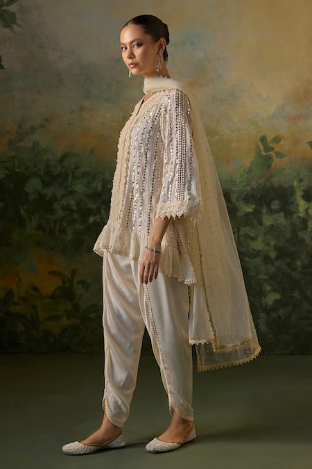 Mustard Moon By Neyha And Vrinda_Ivory Georgette, Modal, Satin, Net Lace, Mirrors, Crochet And Kurta Set _Online_at_Aza_Fashions
