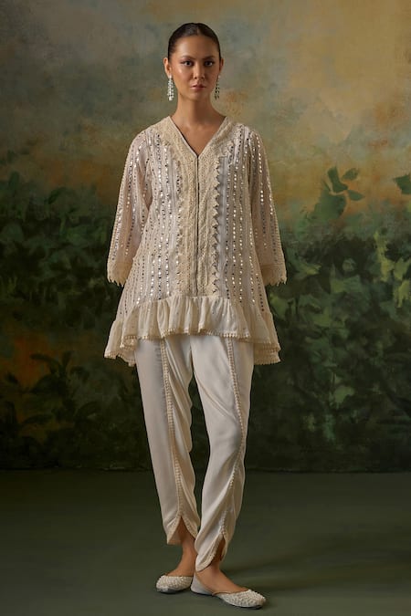 Buy_Mustard Moon By Neyha And Vrinda_Ivory Georgette, Modal, Satin, Net Lace, Mirrors, Crochet And Kurta Set _Online_at_Aza_Fashions