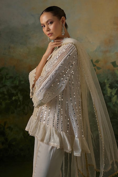 Shop_Mustard Moon By Neyha And Vrinda_Ivory Georgette, Modal, Satin, Net Lace, Mirrors, Crochet And Kurta Set _Online_at_Aza_Fashions