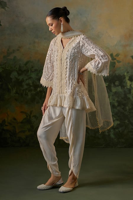 Mustard Moon By Neyha And Vrinda_Ivory Georgette, Modal, Satin, Net Lace, Mirrors, Crochet And Kurta Set _at_Aza_Fashions