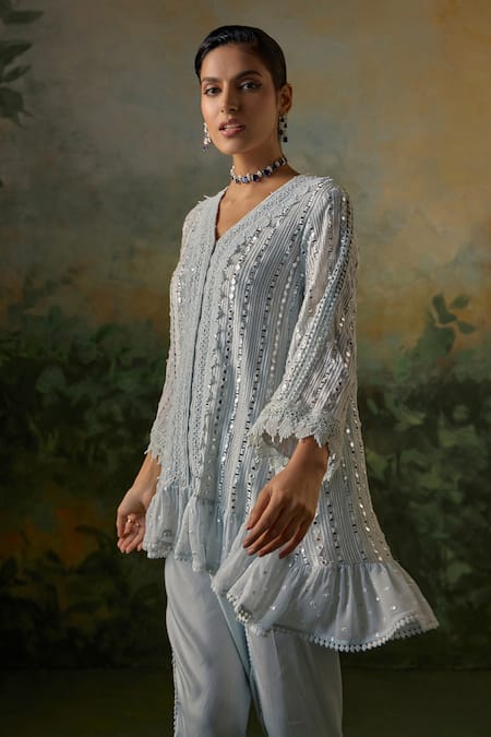 Buy_Mustard Moon By Neyha And Vrinda_Blue Georgette, Modal, Satin, Net Mirrors, Crochet And Embroidered Kurta Set _Online_at_Aza_Fashions