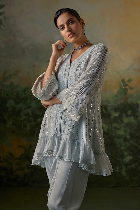 Shop_Mustard Moon By Neyha And Vrinda_Blue Georgette, Modal, Satin, Net Mirrors, Crochet And Embroidered Kurta Set _Online_at_Aza_Fashions