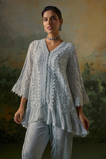 Mustard Moon By Neyha And Vrinda_Blue Georgette, Modal, Satin, Net Mirrors, Crochet And Embroidered Kurta Set _at_Aza_Fashions