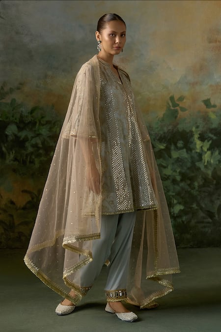 Mustard Moon By Neyha And Vrinda_Sky Blue Georgette, Modal, Satin, Net Embroidery, Sequins, Mirrors, Kurta Set _Online_at_Aza_Fashions