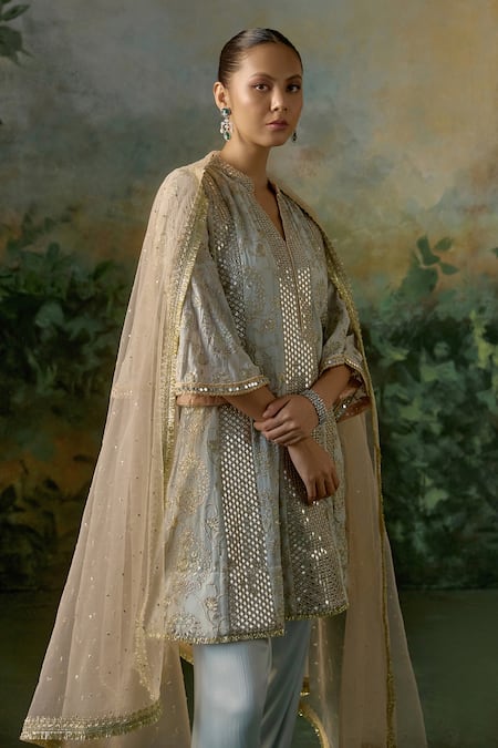 Mustard Moon By Neyha And Vrinda_Sky Blue Georgette, Modal, Satin, Net Embroidery, Sequins, Mirrors, Kurta Set _at_Aza_Fashions