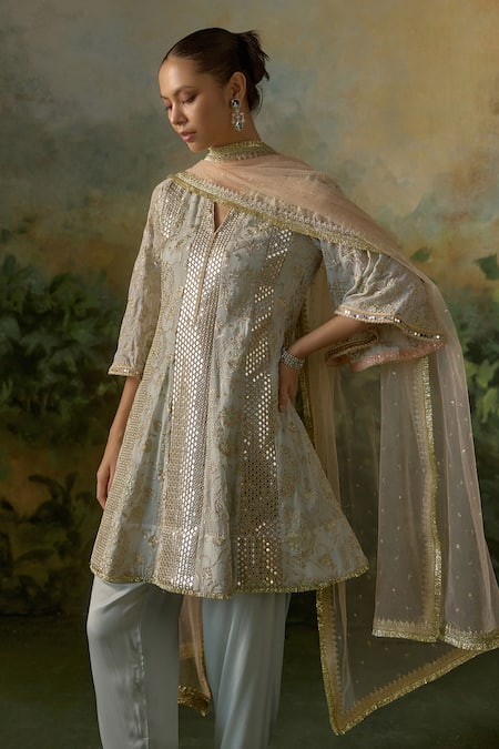 Buy_Mustard Moon By Neyha And Vrinda_Sky Blue Georgette, Modal, Satin, Net Embroidery, Sequins, Mirrors, Kurta Set 