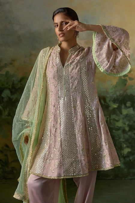 Shop_Mustard Moon By Neyha And Vrinda_Pink Georgette, Modal, Satin, Net Embroidery, Sequins, Mirrors, Kurta Salwar Set _Online_at_Aza_Fashions