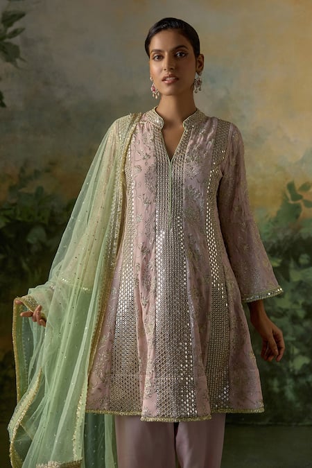 Mustard Moon By Neyha And Vrinda_Pink Georgette, Modal, Satin, Net Embroidery, Sequins, Mirrors, Kurta Salwar Set _at_Aza_Fashions